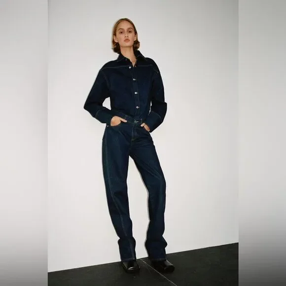 ZARA Dark Indigo Long Denim Jumpsuit - S - Picture 3 of 5
